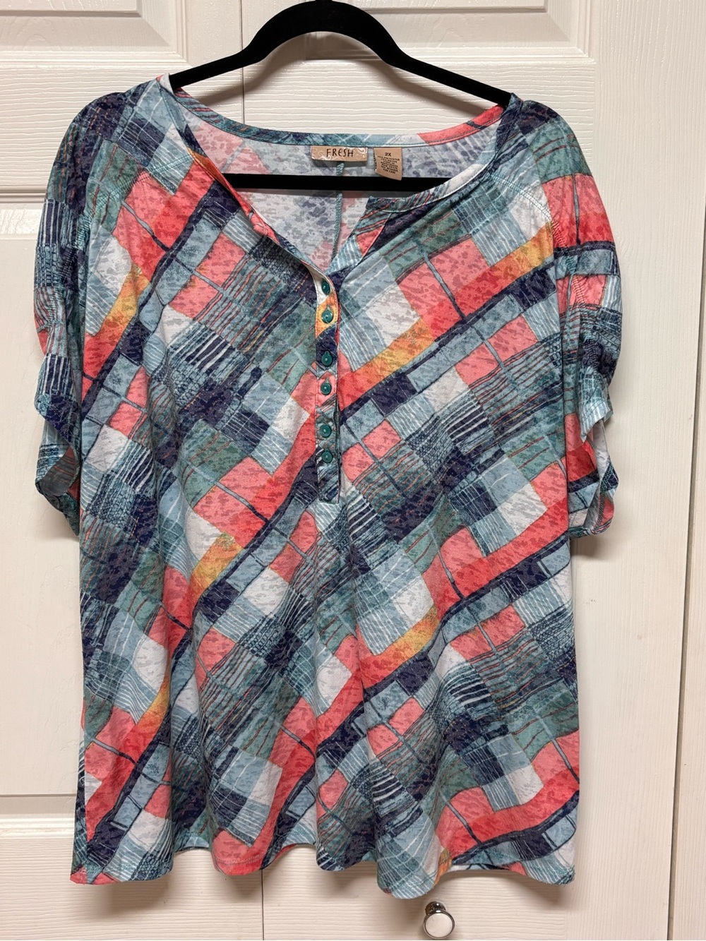fresh Multicolor Plaid Button-Front Henley Top